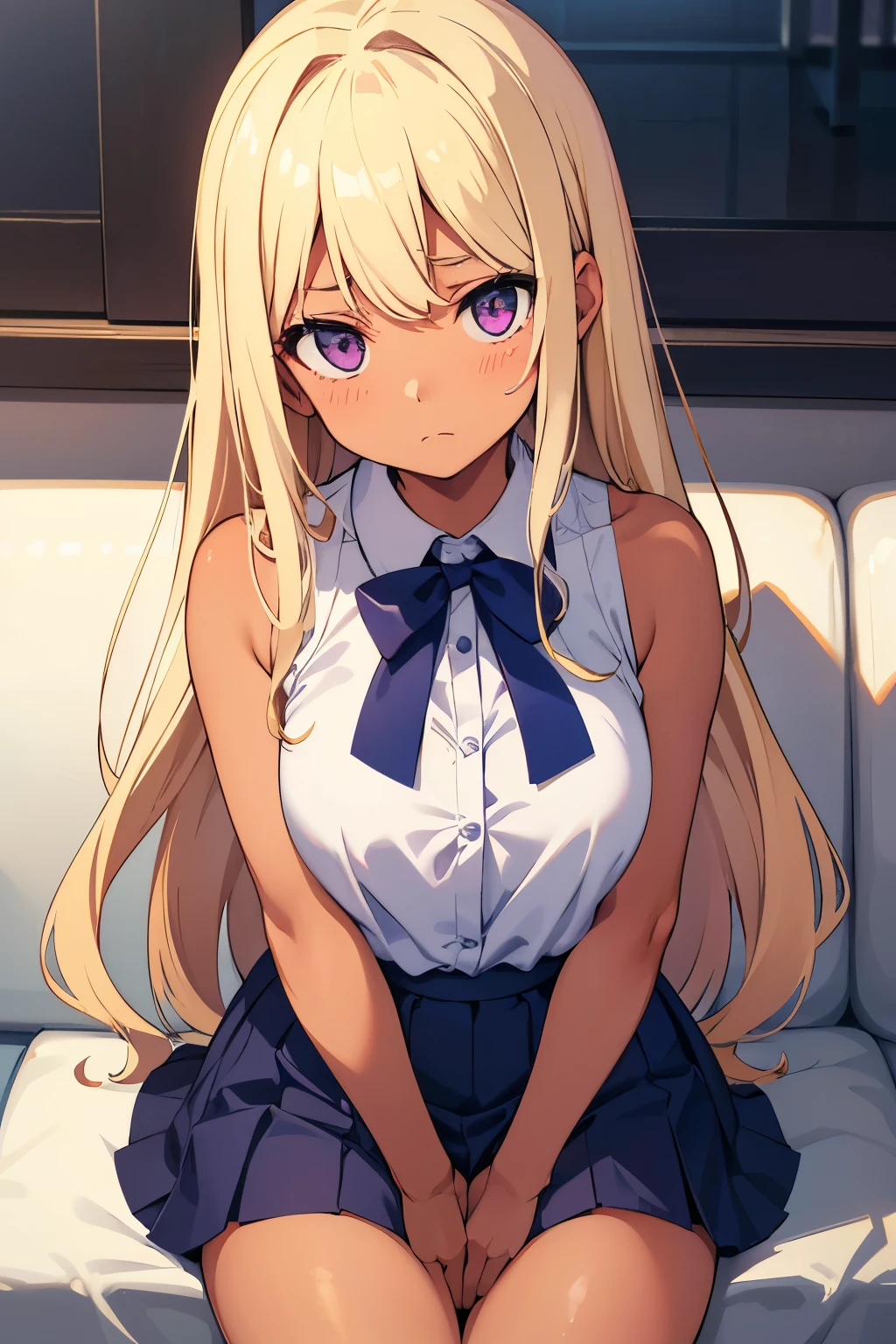 Lying down　 girl with A-cup breasts, blonde gal　Long hair Purple eyes 　Tanned brown skin　Troubled face　（One person） 　White sleeveless blouse　 Navy blue mini skirt　White with light blue horizontal stripes （（I can see her panties）） Otaku&#39;s Room　（（（（Sitting on the bed））））　（（（（Sitting on a cushion））））　 Dynamic Angle　Low - Angle