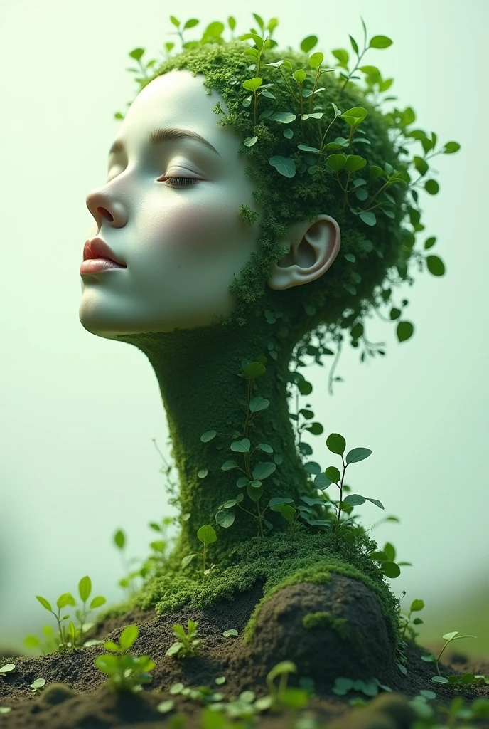 anthropoturnic Col romanescu blanca y verde, human head, neck growing from the ground, green leaves around the neck, turn, fall, realism fotográfico, 4k,realism