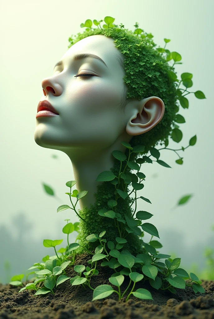 anthropoturnic Col romanescu blanca y verde, human head, neck growing from the ground, green leaves around the neck, turn, fall, realism fotográfico, 4k,realism