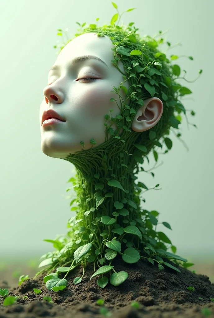 anthropoturnic Col romanescu blanca y verde, human head, neck growing from the ground, green leaves around the neck, turn, fall, realism fotográfico, 4k,realism