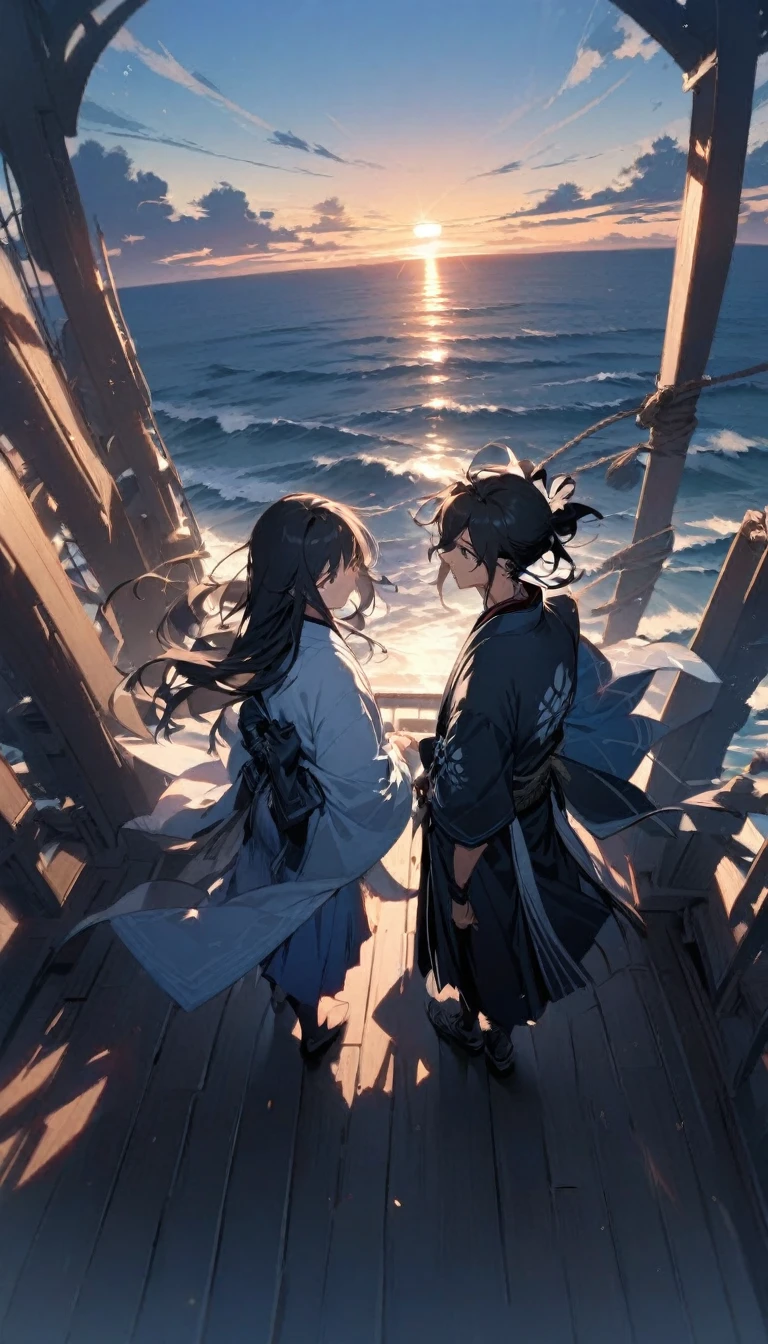A tense encounter on a ship's deck at sunrise, where two samurai in blue haori pass by each other in silence. The background shows the vast ocean and the rising sun, casting long shadows as they both look forward, not meeting each other's gaze."

