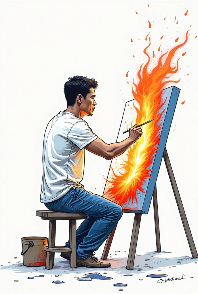 Line art a filipino man painting himself in a canvas like a mirror, make it something is coming out of him, burning passion, his creativity , his culture, his motivation, inspiration, the culture of philippines, make brush is drops of colorr