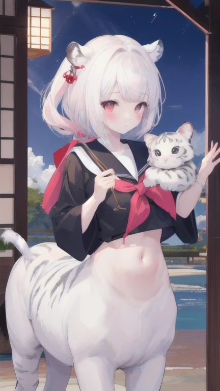(best quality, masterpiece), 1 girl, centaur, I beg, White skin, Japanese schoolgirl, daughter, black pink, exposing the abdomen, belly button t-shirt , beautiful girl perfect, White tiger photo, 완벽한  White tiger photo