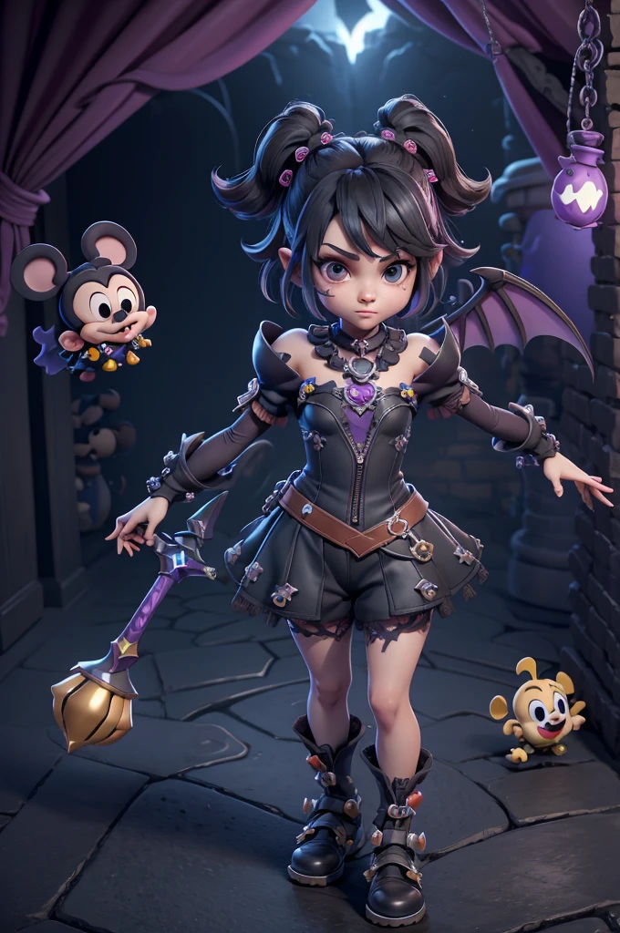 monstros estilos kingdom hearts, baseados em animais,3d style, shadown monster, demons, darkness monster, rayman legends, mickey mouse character style, girl and body, kingdom hearts, malhas leves e quentinhas, cores frias e alegres, portando espada magica, dark mouse in around, (raytrace), peitões