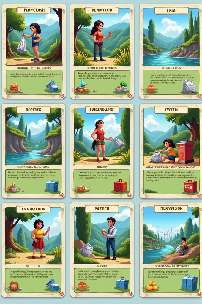 Create RPG game cards that are intended to be action cards. They represent actions that players can take to improve the environment., How to plant trees, clean rivers, promote recycling, or invest in renewable energy 