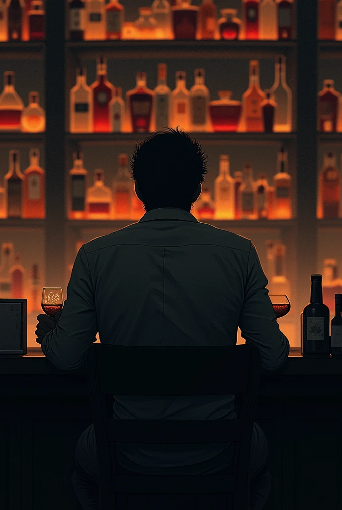 A man sits at the bar counter, drinking alcohol, crying and feeling sad alone. In front of him is a shelf of liquor bottles.