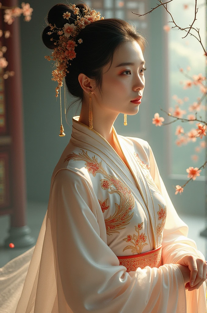 A in a Chinese dress with phoenix patterns.