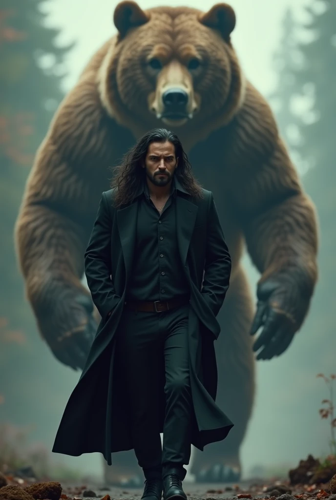 man resembling Can Yaman, long hair and strong look, in a flowing black coat walking with his hands in his pockets, with a huge brown bear behind him, going over your head