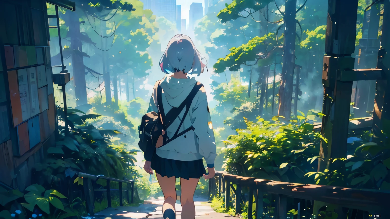 (Excellent: 1.2), (Highest Quality: 1.2), (Super Detail: 1.2), (A girl looking out from the balcony of a high rise apartment, white hair, bob hair, grey hoodie, long sleeves, mini skirt), (Back of head, facing away, full body, right side of screen, not turning around), (Tokyo city, skyscraper district, trees, plants, lush foliage, vibrant flowers, towering trees, dense forest, sunlight filtering through the trees, blooming flowers, colorful petals, chirping birds, gentle breeze, rustling leaves, shades of green, moss covered rocks, ferns and moss, wild flowers, fresh air, tranquility, natural habitat), (4k, sad, rainbow water art style, beautiful digital illustration, beautiful character drawing, stunning anime face portrait, official artwork, LOFI girl, admire the art style, anime atmosphere, mix of anime style and cinema, digital anime illustration, anime wallpaper, 4k, high resolution, high quality, beautiful and realistic sky, sky is the main focus, rear view, rear view scenery is the main focus, scenery is the main focus, emotional lofi old camera deep 3D)