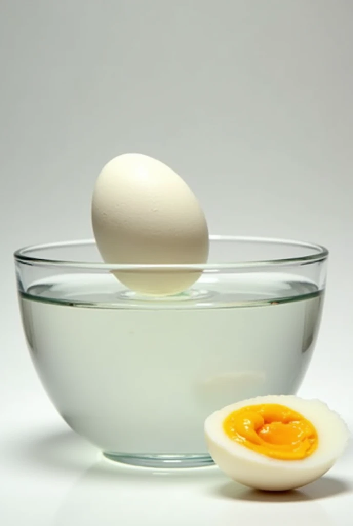 The egg is being placed into a bowl of cold water to cool down. A peeled egg is placed beside it, showing the cooked yolk inside."
