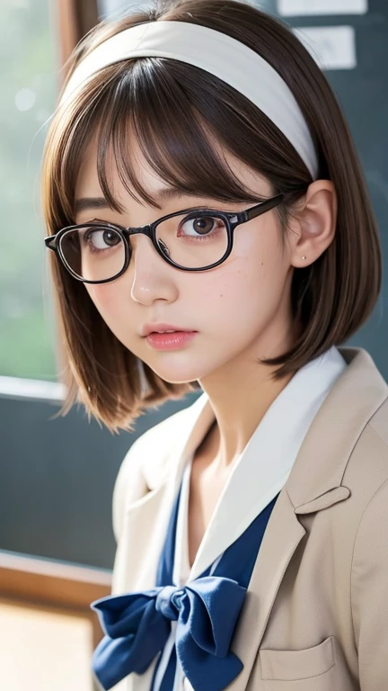 Highest quality、Realistic、、Japanese、zoom、cute、classroom、Grey Eyes、Light brown hair、Bob Hair、Off-white blazer、White blouse、ribbon、Blue Check Pleated Skirt、Face close-up、thin、Small breasts、Pouting、freckles、Glasses、head band