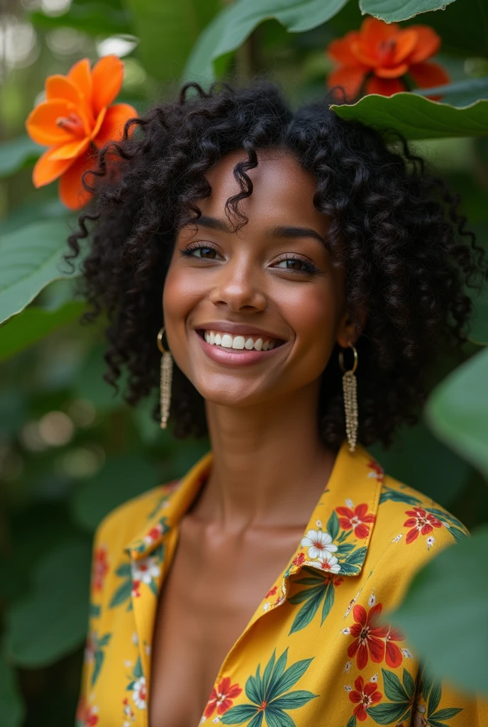 A Brazilian woman in a lush tropical garden, wearing an open shirt with a floral print, with a close-up capturing the harmonious beauty between her breasts and the natural flowers, showing off your natural charm and outgoing personality.