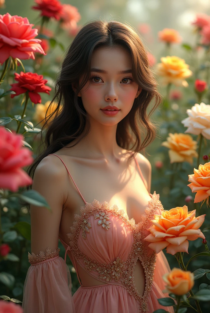 RAW, Best quality, high resolution, masterpiece: 1.3), beautiful Arabian woman, Masterpiece, rain, perfect wet soaked body, wet clothes, (huge breasts:1.3), cleavage cutout, open breast, black chignon hair, open stand, realistic, dark hairy pussy, Soft smile, thick thighs, she is about 20 years old, pale white skin, wearing a sexy red sarong short dress, ((whole body)) turning away facial at viewer, closeup, heavy mountains, misty, fog, woman standing in the waterfall