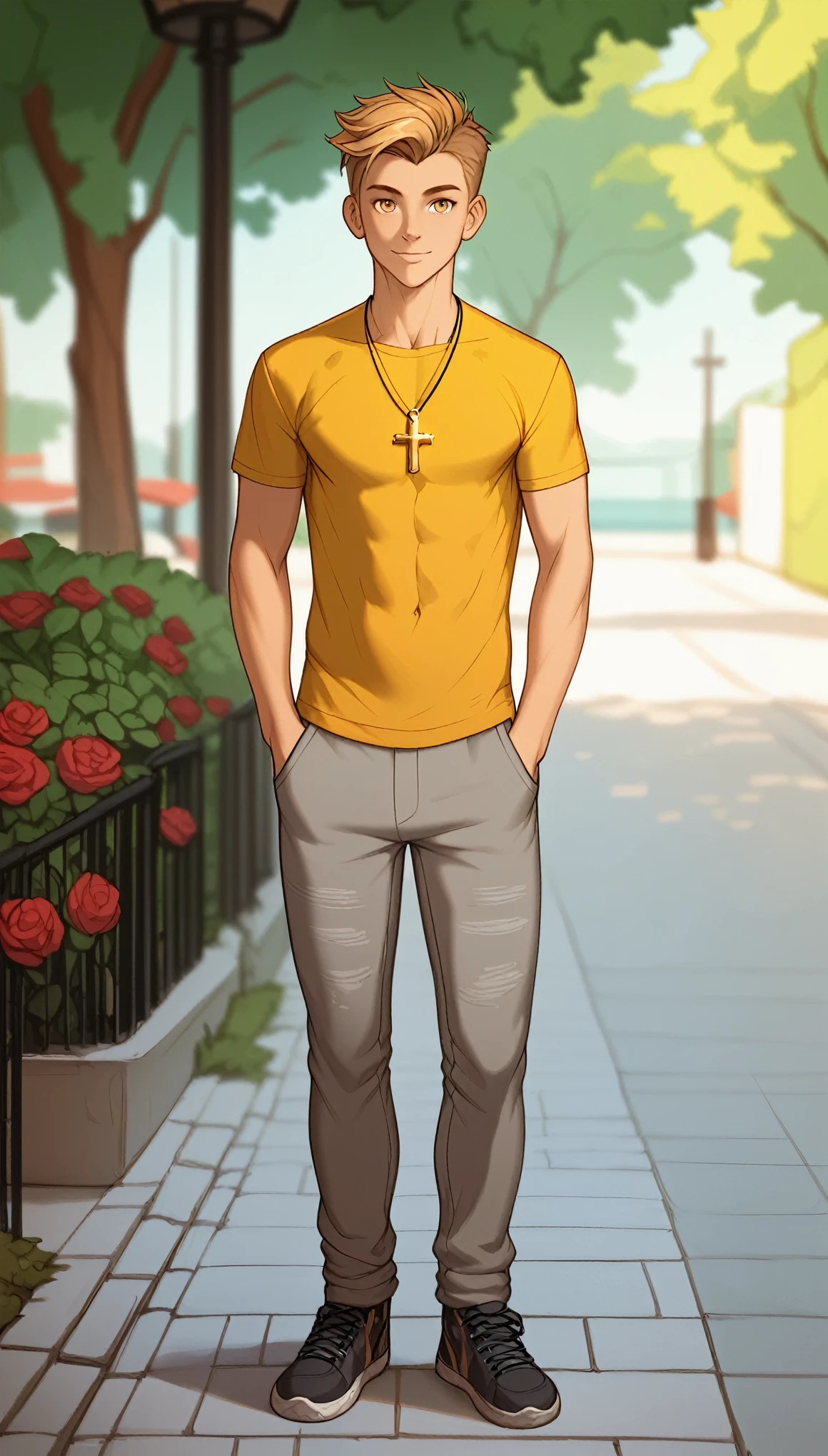 ((best quality)) Solo, hi_res, score_9,score_8_up,score_7_up, score_6_up, score_5_up, score_4_up, male, 21 years old, beautiful medium haircut with shaded sides, amber iris, standing on the sidewalk, Wearing black and yellow t-shirt and gray joggers pants, hands in the pockets, full outfit, cross necklace, ((Safe content)) , ((high quality)), Safe content