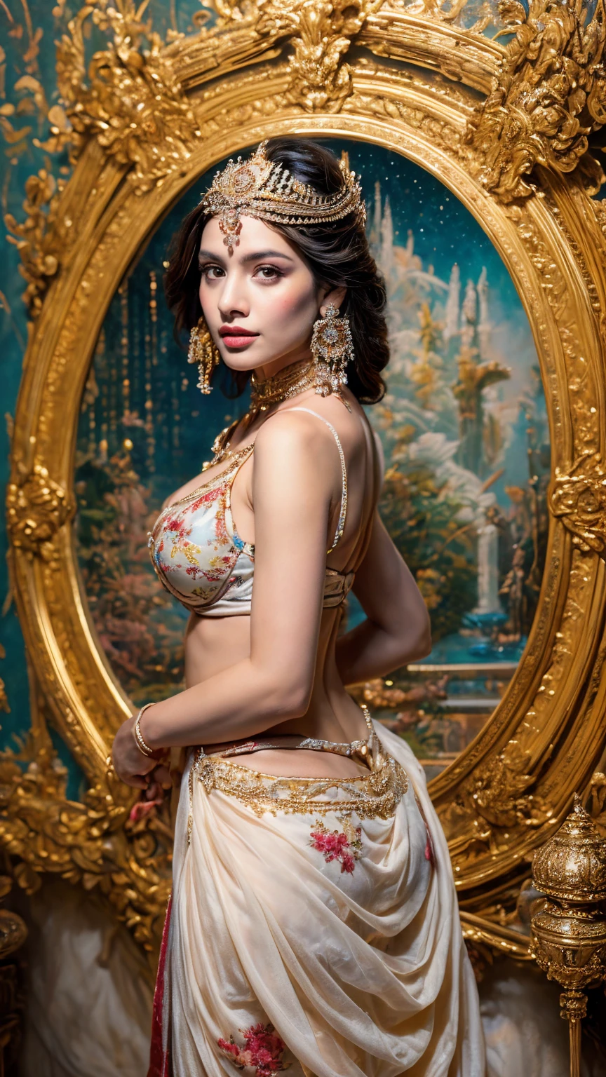 ((Best quality, 8k, Masterpiece :1.3)), Sharp focus :1.2, Generate a realistic image of a beautiful sexy Indian woman (masterpiece like a princess) dressed in a white skirt and print bra, adorned with traditional ornaments, standing in a well-lit room with cinematic lighting. ((Front view, random elegant pose)), and there is a sense of grace and elegance in her posture. The background should complement the scene, enhancing the overall aesthetic appeal of the image. Photography by Brandon Woelfel, Full shot: Canon EF 16-35mm f/2.8L III USM lens on a Canon EOS 5D Mark IV camera, ultra realistic, 32k, HD