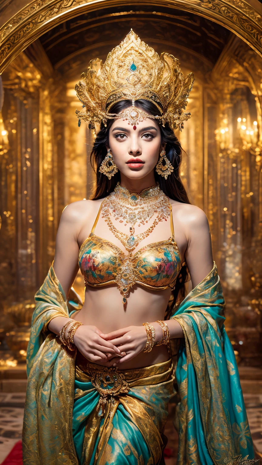 ((Best quality, 8k, Masterpiece :1.3)), Sharp focus :1.2, Generate a realistic image of a beautiful sexy Indian woman (masterpiece like a princess) dressed in a white skirt and print bra, adorned with traditional ornaments, standing in a well-lit room with cinematic lighting. ((Front view, random elegant pose)), and there is a sense of grace and elegance in her posture. The background should complement the scene, enhancing the overall aesthetic appeal of the image. Photography by Brandon Woelfel, Full shot: Canon EF 16-35mm f/2.8L III USM lens on a Canon EOS 5D Mark IV camera, ultra realistic, 32k, HD