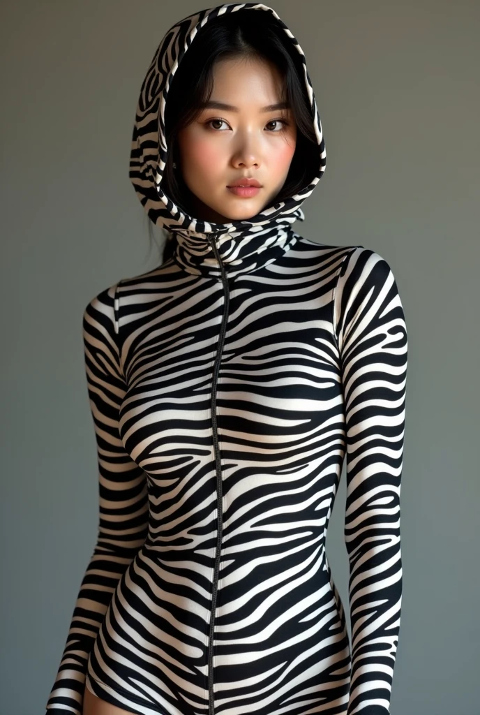 a beautiful and thin Asian and Chinese adult girl with a shiny and beautiful face wears zebra print lycra turtleneck unitard catsuit covered with stripes and always wear zebra print lycra dancewear hijab-like zentai hood covered with stripes.She is crawling！