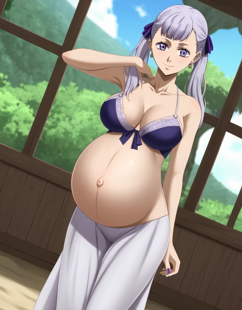 noelle_blackclover, Noelle Silva, Black Clover, long silver hair, waist-length hair, half-up half-down hairstyle, ribbon, side-parted bangs, almond-shaped blue eyes, high-quality, ultra-detailed, beast quality, 8K resolution,
looking at viewer, dutch angle, cowboy shot, smile, pregnant belly, large belly, big belly, big Breasts, belly button, Earrings,
1girl,solo, indoors, beach, happy, Smiling, rub belly, selfing,
full body, Nail polish,