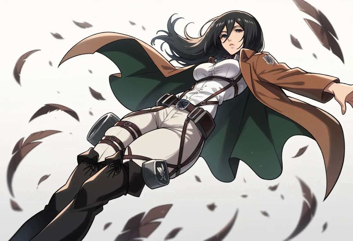 1girl, solo, strong, pretty and gorgeous, hot, medium breasts, slender waist, wide hip, thick thighs, mikasa ackerman, black hair, black eyes, long hair, hair between eyes, paradis military uniform, belt, cloack, cropped jacket, emblem, green cloak, jacket, long sleeves, black boots, long boots, thighhighs boots, pants, shirt, thigh strap, uniform, white pants, white shirt, brown jacket, looking at viewer, white background, floating, legs together, from below