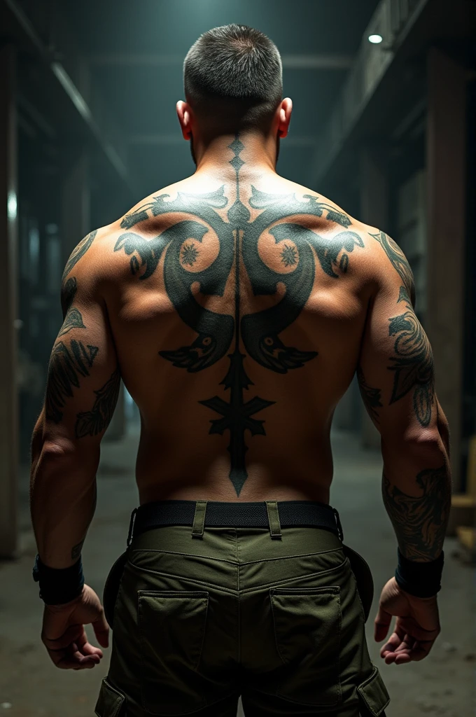 The back of a man with militia tattoos