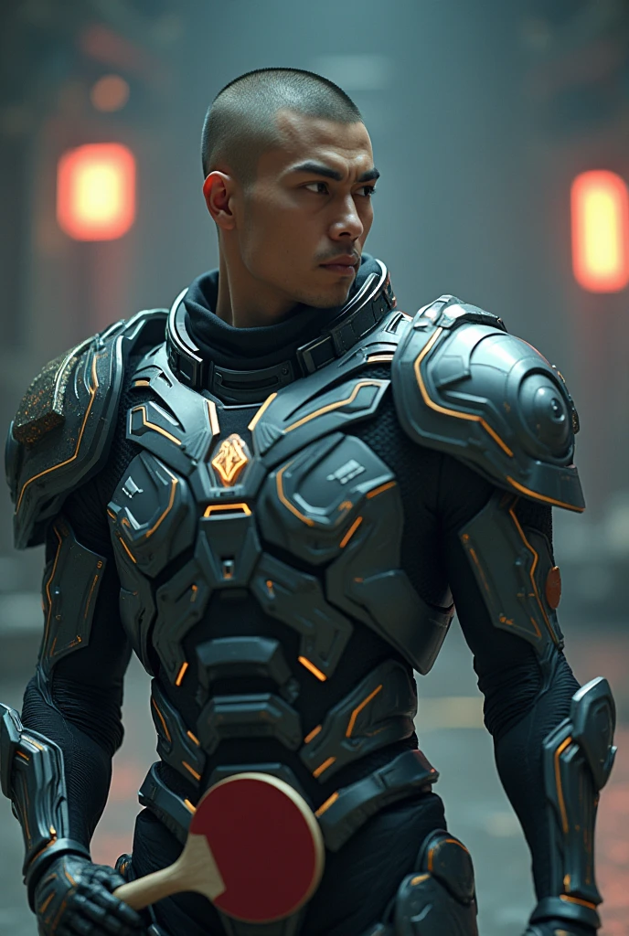 30 year old Indonesian man with buzz cut hair, wearing futuristic sci-fi armor, holding an astral dragon-shaped table tennis racket, dramatic lighting, cinematic composition, highly detailed, photorealistic, 8k, unreal engine, hyper realistic, concept art style