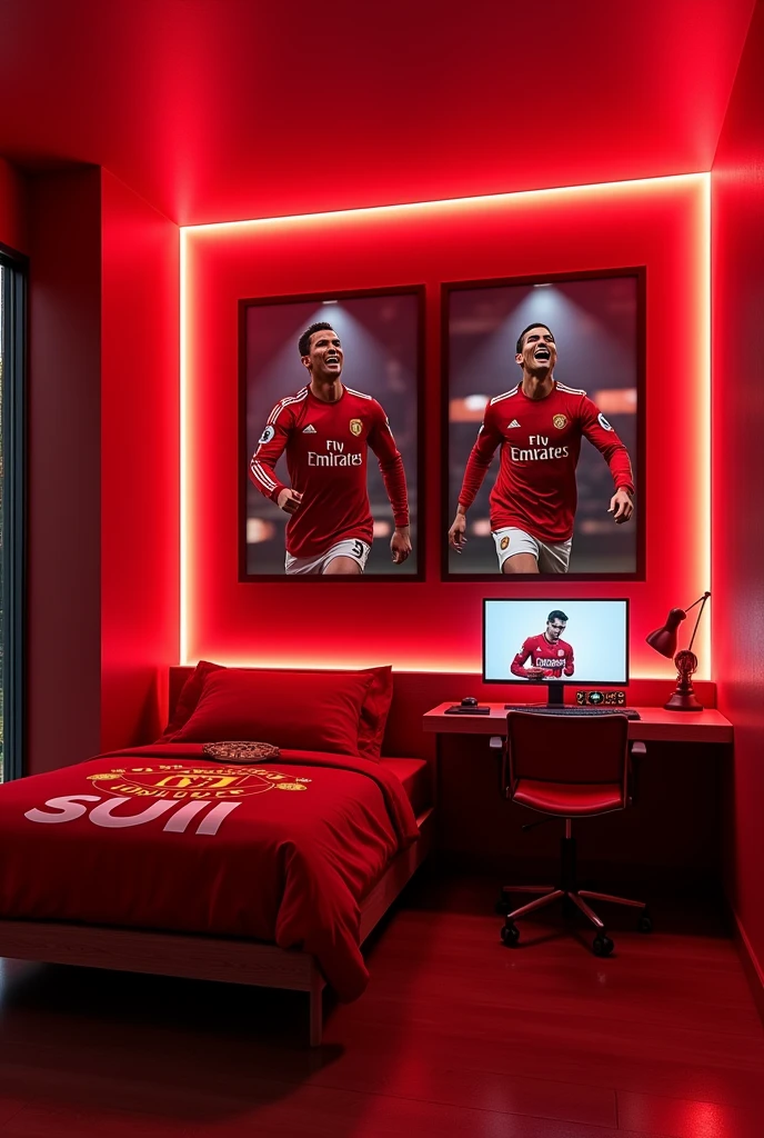 I want a modern bedroom red lights and theme and ronaldo doing suiii celebration posters on walls of room and red themed gaming setup. Bedsheet ronaldo pics in manchester united red jersey. I want setup view also. Ronaldo is doing suii celebration posters also