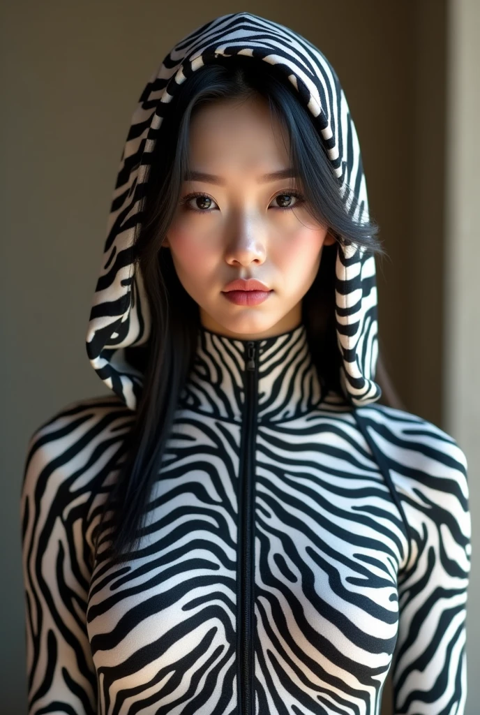 A most beautiful and thin 22 years old Asian chinese girl wears zebra print Lycra turtleneck unitard catsuit covered with zebra stripes.She always wear zebra Lycra dancewear hijab-like hood.She has beautiful cheeks on her face.