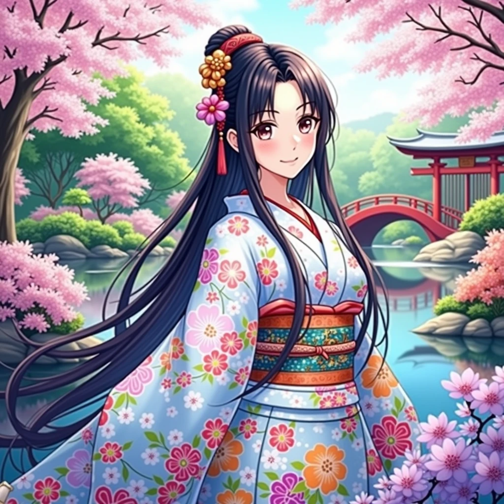 (masterpiece、Highest quality、8k、High resolution)、Traditional Japanese beauty in kimono、Floral pattern on white background、Vibrant colors、Japanese garden、There is a pond、Colorful flowers、Vibrant colors、Cherry Blossom、There is a drum bridge、A complete portrayal、Detailed anime art、