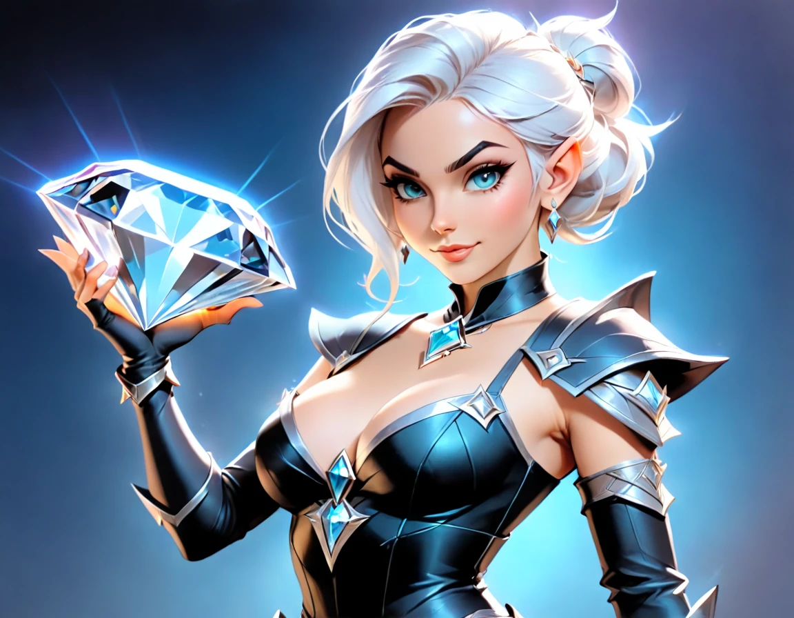 a picture of an elf thief holding an epic diamond in a vault, a female elf thief, full body, small pointy ears, dynamic hair color, dynamic hair style, pale skin, ultra detailed face, wearing black leather leotard, busty, small cleavage, high heel boots, she is happy for reaching her goal, success,  holding an epic sized (diamond: 1.3), brilliant diamond, many facets, diamond, fantasy safe background, torchlight,  vibrant, Ultra-high resolution, High Contrast, (masterpiece:1.5), highest quality, Best aesthetics), best details, best quality, highres, 16k, [ultra detailed], masterpiece, best quality, (extremely detailed) RAW, (ultra details, Masterpiece, best quality), diamondWM