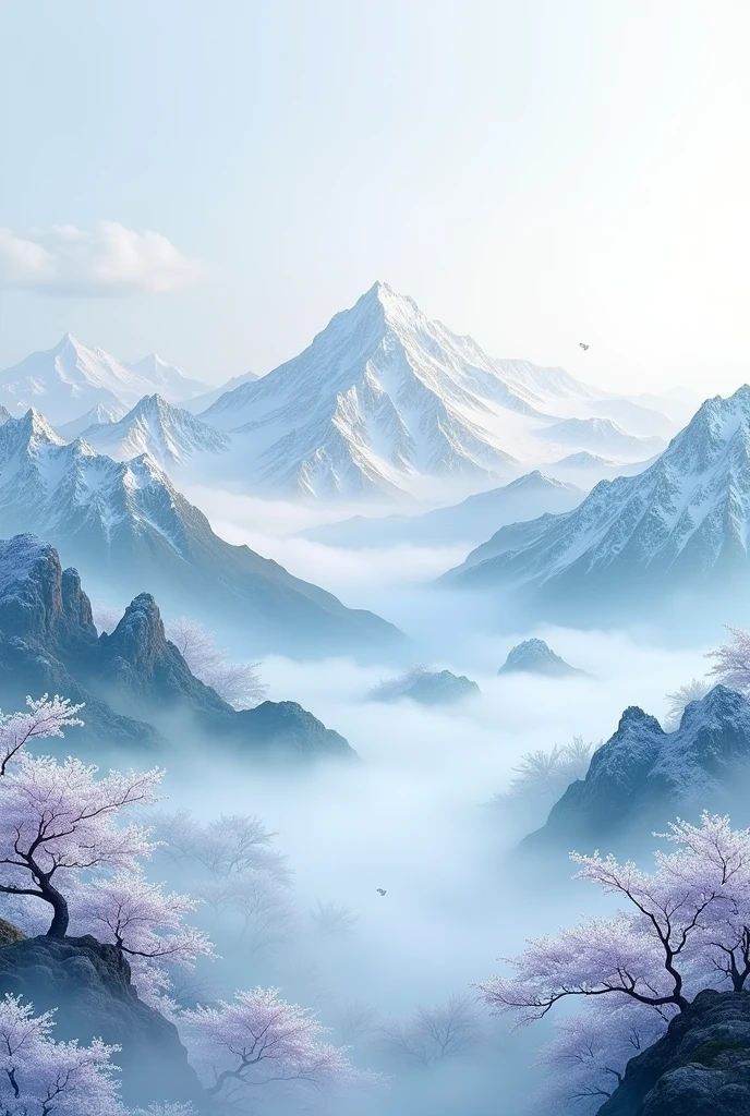 Chinese blue and white porcelain color gradient background, the snow on the mountain has white, light gray, blue, purple, dark green four colors, surrounded by blooming plum blossoms, white petals floating on top. The waves of clouds add softness to the distant peaks, creating an ethereal atmosphere, presenting the wallpaper design for mobile phones in the style of high definition, high resolution, super detail and best picture quality.