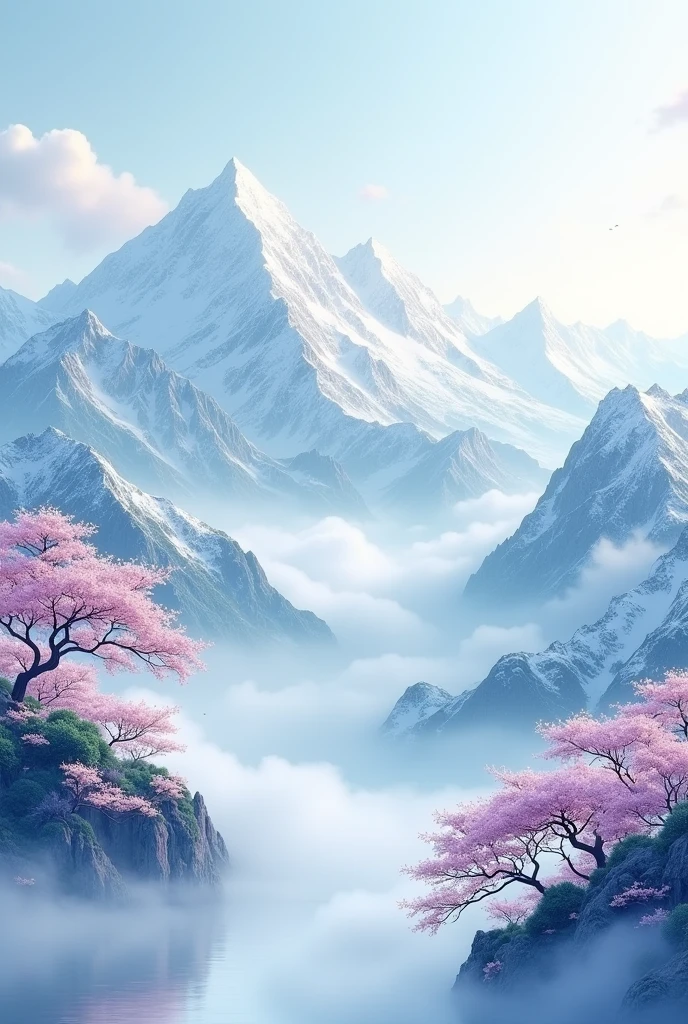 Chinese blue and white porcelain color gradient background, the snow on the mountain has white, light gray, blue, purple, dark green four colors, surrounded by blooming plum blossoms, white petals floating on top. The waves of clouds add softness to the distant peaks, creating an ethereal atmosphere, presenting the wallpaper design for mobile phones in the style of high definition, high resolution, super detail and best picture quality.