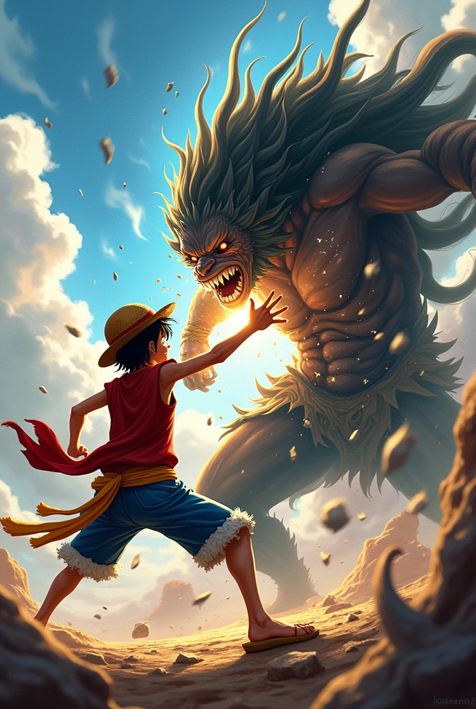 Make an image of luffy  fighting with lord Hanuman face like a monkey skin colour 