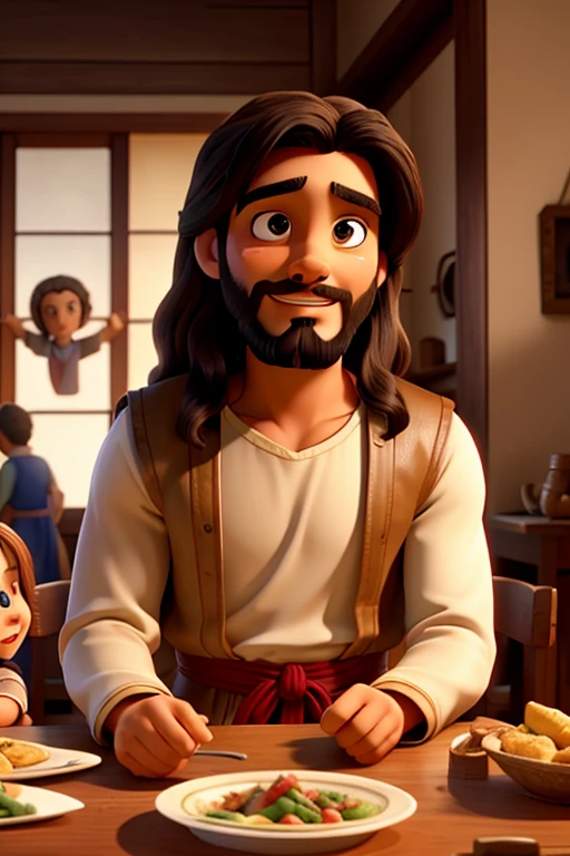 description Jesus in my house , details Jesus sitting at the table in period costume having dinner with a medium-sized family that includes sons and daughters, father and mother and grandparents, characteristics of the brown family that intertwine the Brazilian mixture of races, who has a pet close to them, happily watching as everyone eats dinner .... the family's clothes must be from the present moment only Jesus in period clothes , Jesus seated facing everyone and everyone seated around him at a large table, animation style background Disney Pixar, With the greatest wealth of detail, the image needs to convey the information that the family is united and Jesus is blessing them at that moment..