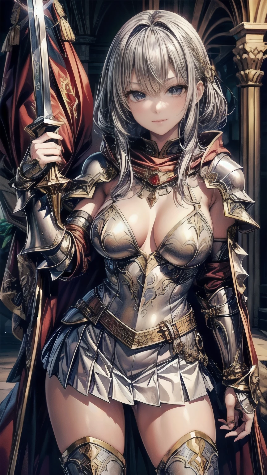 1girl,((Beautiful blue medium hair,Golden Eyes)),((A luxurious metal armor that covers the upper body,pleated micro mini skirt,Thigh-length silver metal boots,Silver metal gauntlets,A very large red cloak:1.55)),8K quality,Extremely sophisticated digital art,((Posing with a sword in hand:1.35)),Perfect beautiful girl,A strong smile,Extremely detailed hair and face,Artistic pastel art,Panty shot
