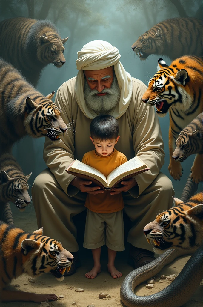 Next to the Muslim elderly teacher with book, the student is surrounded by snakes, tigers, and all the terrible animals