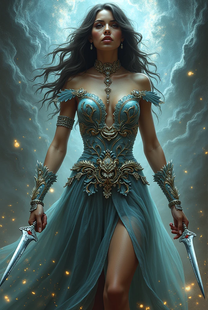 goddess of mirrors, a powerful woman dressed with mirrors and shows her powers with small pieces of blades