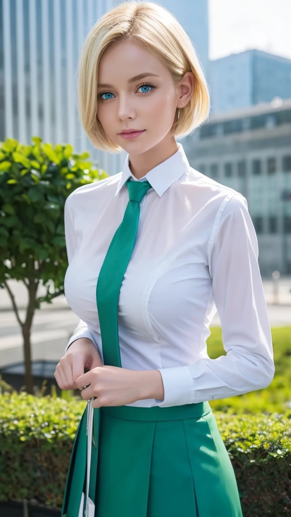 One girl, Blonde, short hair, blue eyes, White shirt, Green tie, Green Skirt, city, rain, Detailed Background