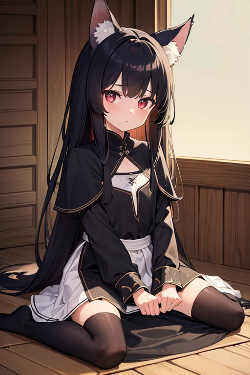 ((Highest quality)), ((masterpiece)), (detailed), 1girl Cute Five fingers Small wolf ears Black braids Petite Normal chest No human ears Big eyes Her eyes are black first round whole body Black tabard In the background is a medieval stall