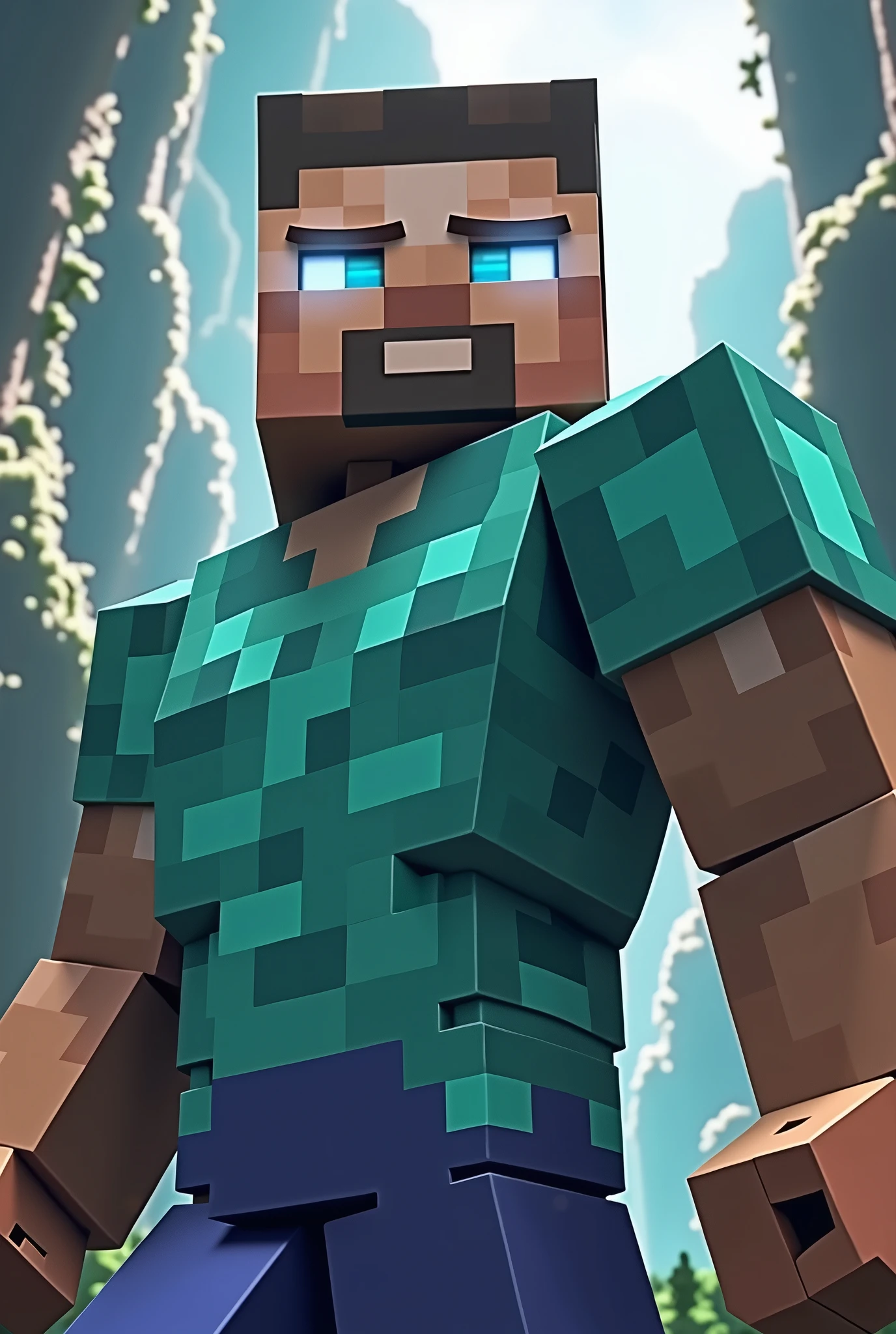 Steve from Minecraft with white eyes and a muscular body