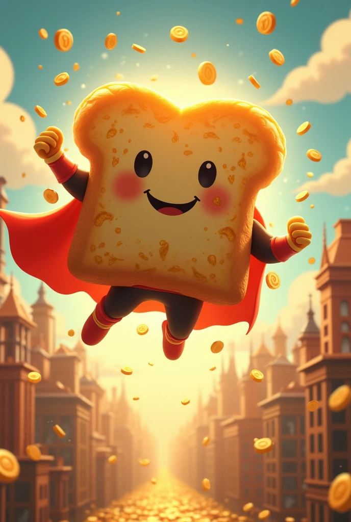 A superhero garlic bread flying over a city made of coins, with cheesy garlic rays radiating from it, smiling as it rains bread crumbs