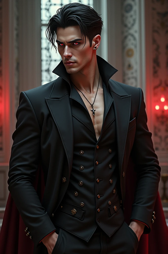 Man.
30 years old 
Is tall.  
Has dark short hair.  
Has an extremely attractive appearance, with an otherworldly look.  
Has a lean and muscular build.  
Has a pair of intense crimson eyes.  
Has very sharp fangs and claws.  
Wears elegant and revealing clothes that highlight his appearance.  
A smug smile on his face 