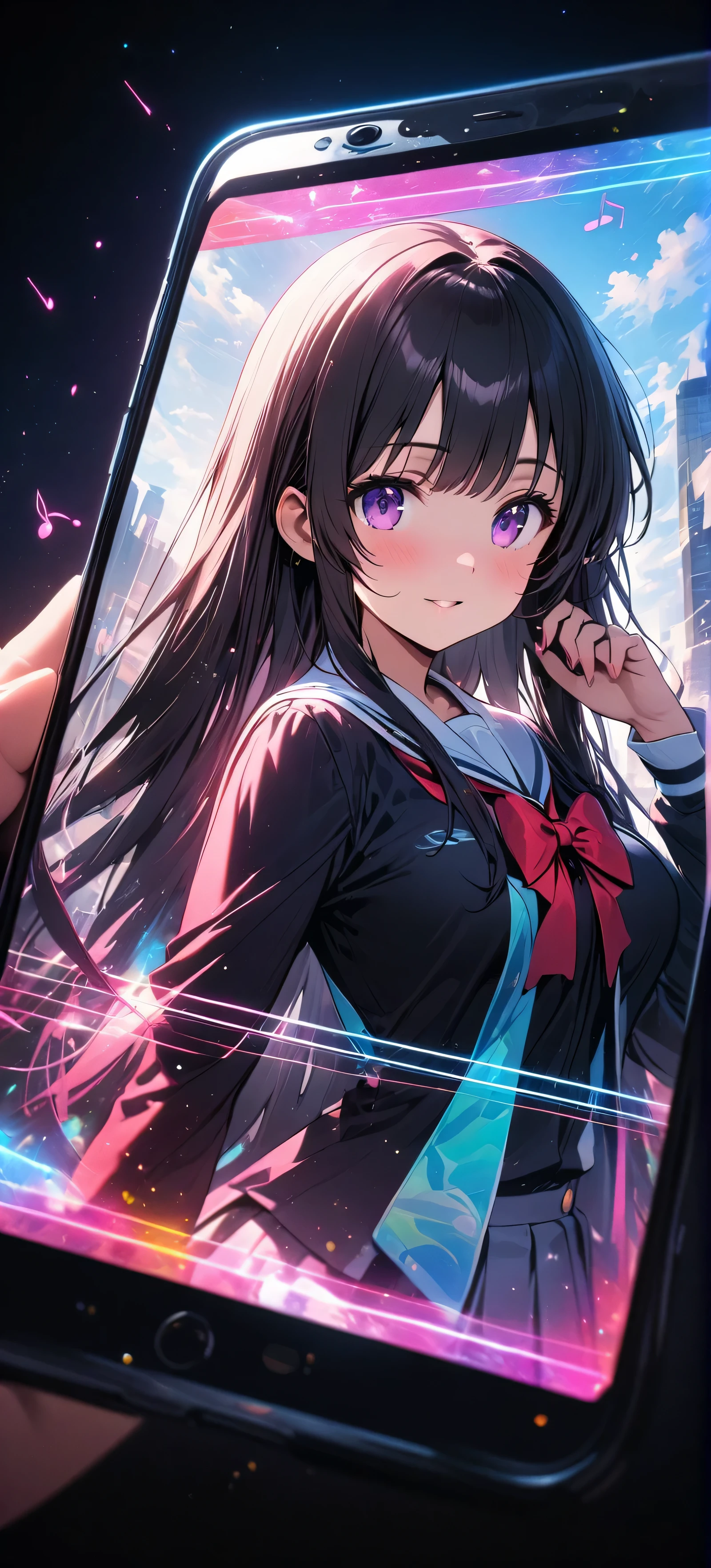 masterpiece, Highest quality, Ultra-high resolution,rich contrast,super high quality,8k,Highly detailed CG unit wallpaper,Ultra-high resolution,RAW Photos, Depth of Field 1.2,(((smartphone screen))),The world on the smartphone screen shows a girl,Beautiful girl wearing uniform and pleated skirt,Kotonoha Katsura, purple eyes, black hair, long hair,black thighhighs, bow, red bow, school uniform, skirt, thighhighs, zettai ryouiki,Kotonoha Katsura,holographic,holographic girl,holography, Rainbow colors,Neon color, Ultra-detailed lights,colorful,(((Flying Music Note))),