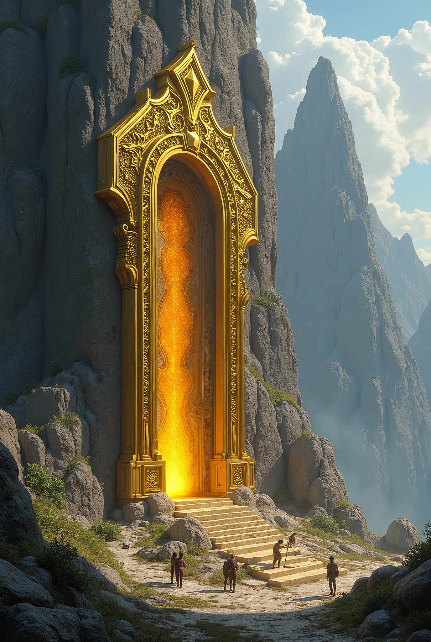 Located on the side of an old ancient mountain、A strange and ornate golden portal。There are several people around々is standing、It looks like they're setting up a research camp.。