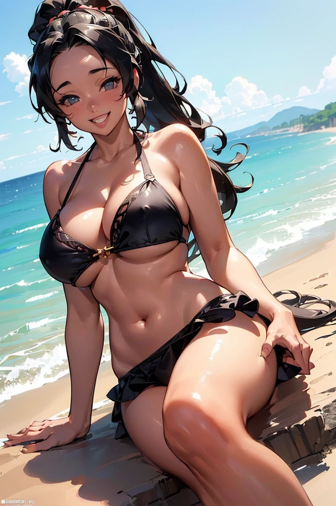 ((((High resolution, Intricate details, masterpiece, 8k, from front)))), (((beautiful, bikini, summer))), ((One Woman, laughing, smile)), (Black Hair, Beautiful forehead, Long Hair, ponytail, Cleavage, Large Breasts, Huge Saggy Tits, Chubby, Glowing Skin), from front, looking at viewer, look at viewer, Sandy Beach, Beach, sunlight,