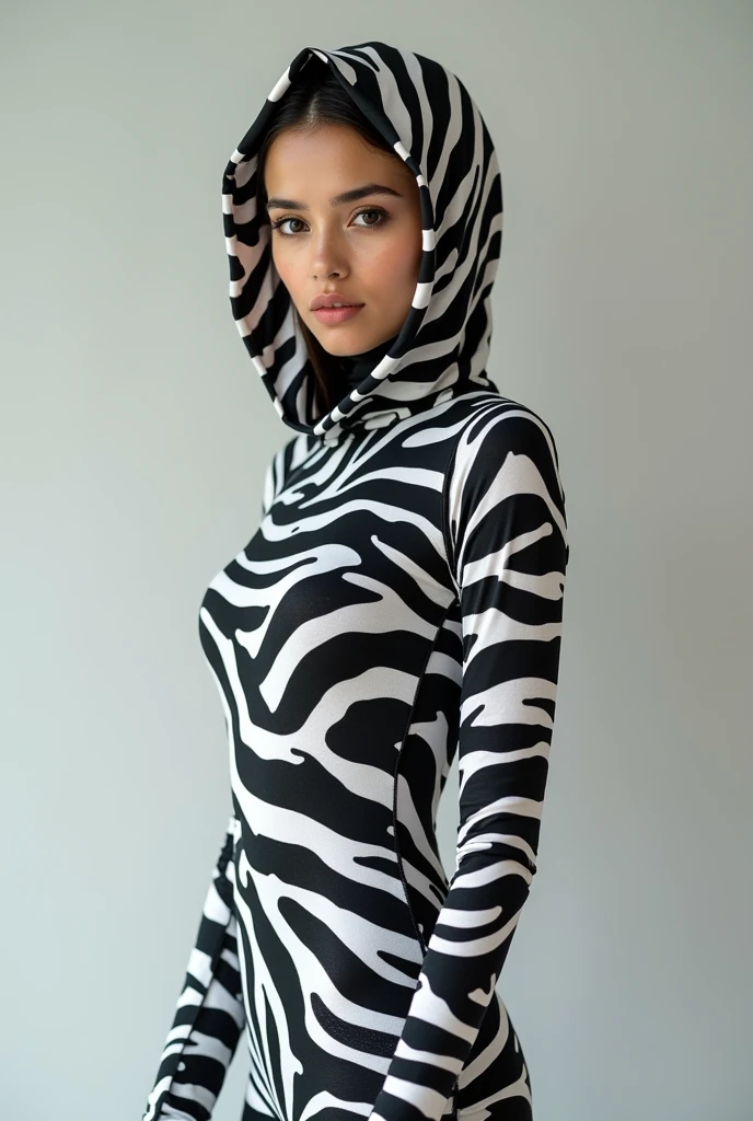A 3 thin and beautiful asian muslimah muslim woman wears zebra print lycra turtleneck unitard catsuit.She always wear cotton zebra print hijab.She is standing.