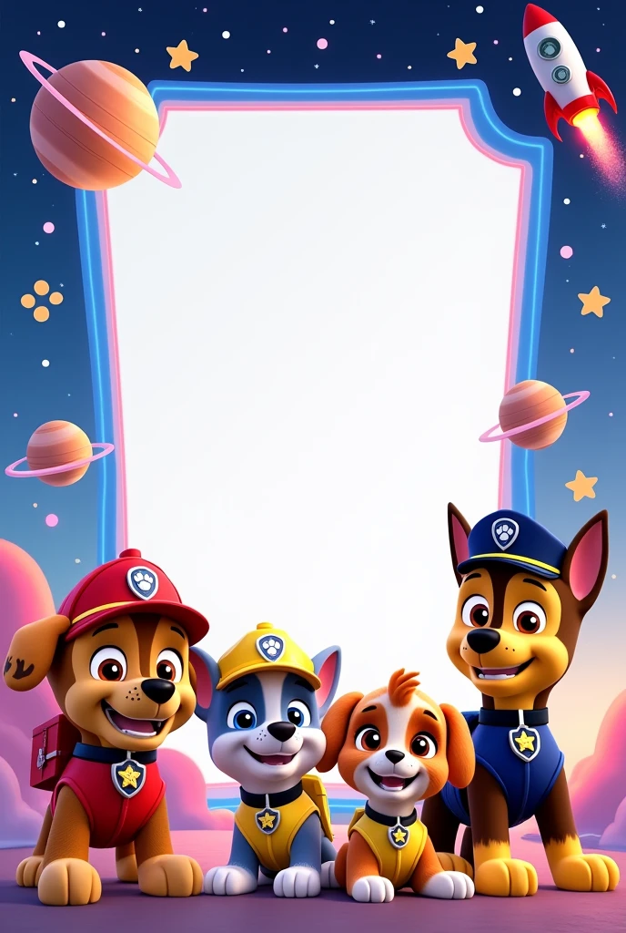 Animated invitation letter for a with the characters from Paw Patrol and with space to put a photo