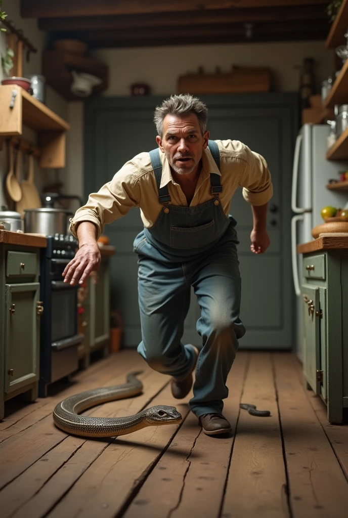 /imagine the farmer quickly run towards the snake in kitchen, --ar 3.2