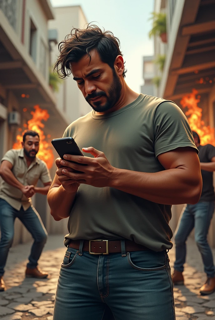 Mexican man playing on cell phone in the middle of fight