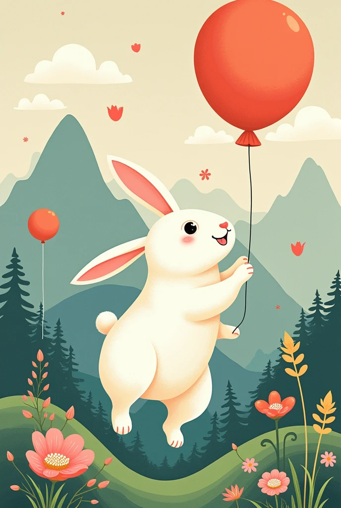 Rabbit from Choju Jinbutsu Giga、Japan folktales、A white rabbit that moves like a human、balloon、Playful and funny、Landscape in the mountains、Japanese silver grass、Platycodon grandiflorum、Kudzu flower、Lady Flower、Pink、Hagi、