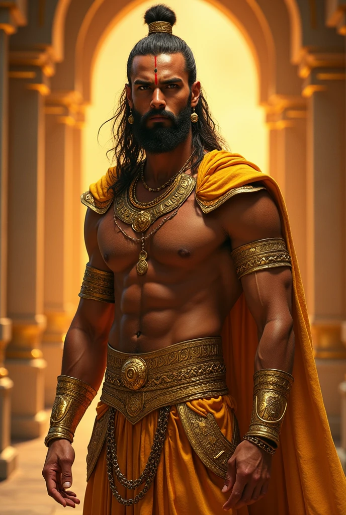 Karna in mahabharat, described as tall,well built,broad chest,powerful limbs,his physique reflects his statues as a warrior of great strength and endurance.... He is generally fair with golden glow,which sometimes attributed to his divine heritage as the son of sun god, Surya.sharp & striking facial features, strong & noble jawline that exudes confidence and dignity,he had a divine golden armor and golden earrings since of his birth.majesty-command-nobility-courage-rightousness despite the challenges he faced in his life, the background is a corridor of rajmahal,golden and amber colored garments, clean shaved, handsome look